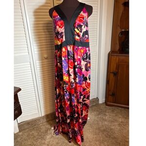Fashion Bug Abstract Floral Maxi Dress Plus Size 1X Pink Purple V-Neck Empire
